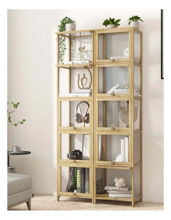 Oikiture Display Cabinet Slim Storage 5-Tier Shelves Clear Bookcase Rack Oak image 5