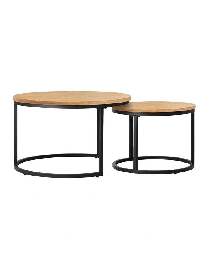 Oikiture Set of 2 Coffee Table Round Nesting Side End Table Natural image 2