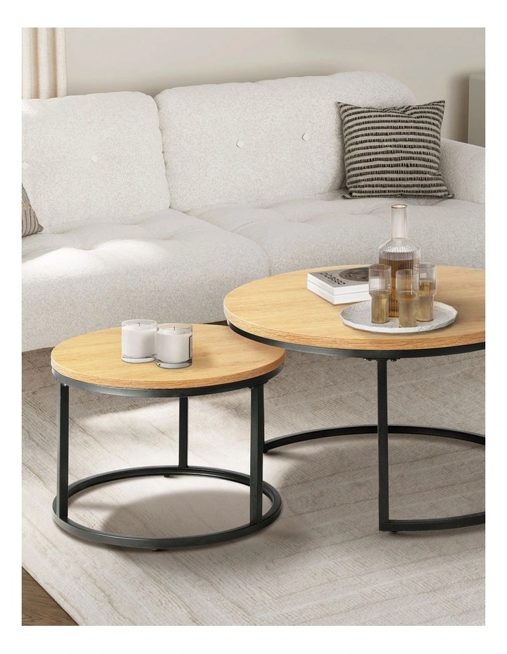Oikiture Set of 2 Coffee Table Round Nesting Side End Table Natural image 4