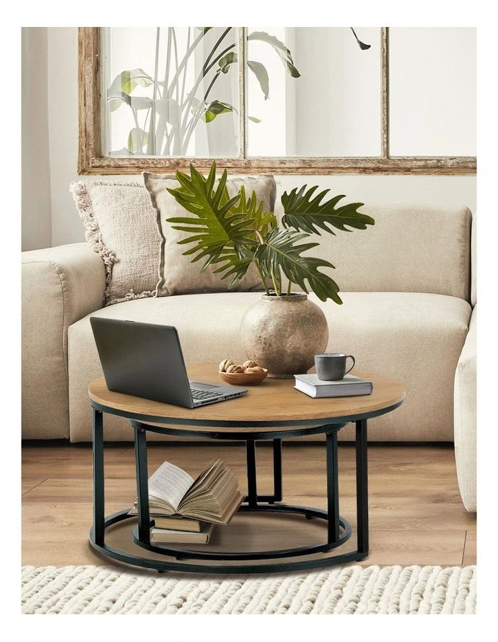 Oikiture Set of 2 Coffee Table Round Nesting Side End Table Natural image 5