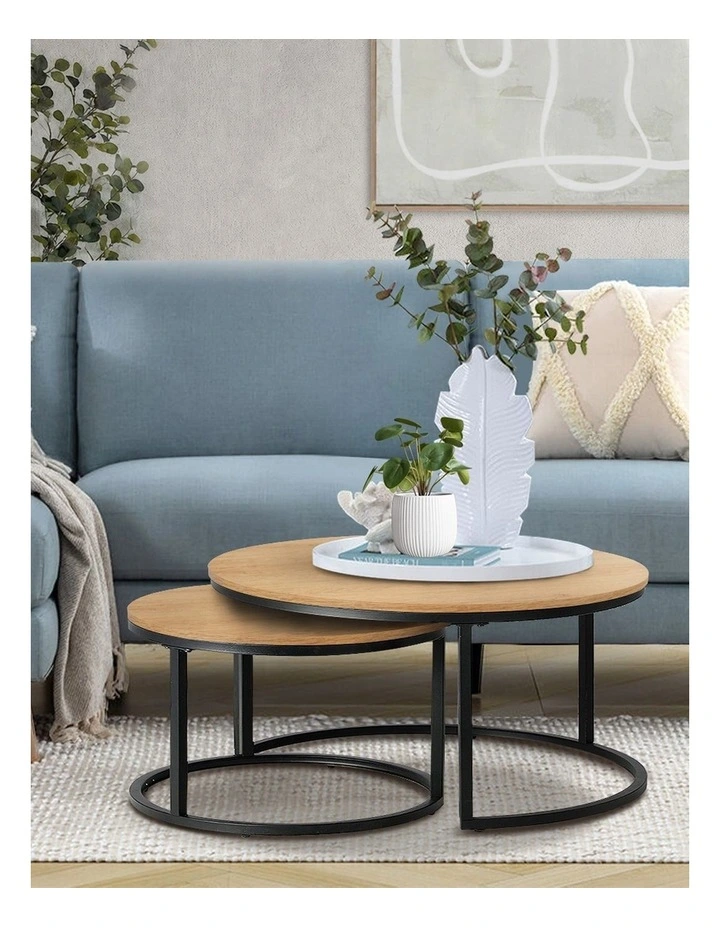 Oikiture Set of 2 Coffee Table Round Nesting Side End Table Natural image 7
