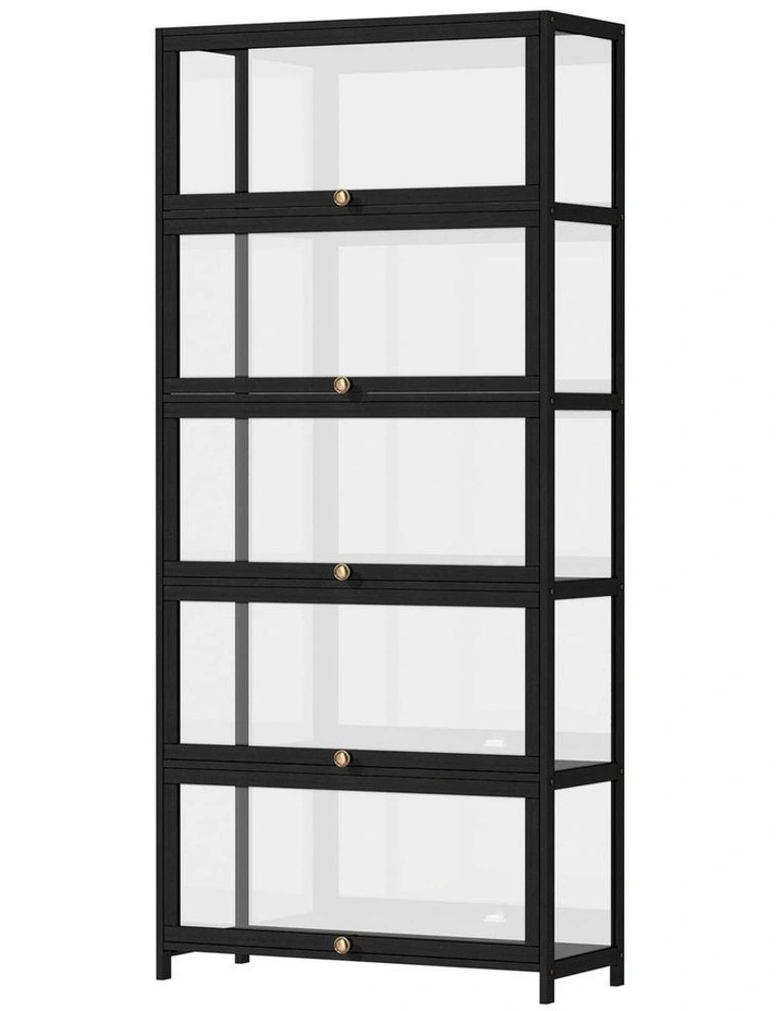 Oikiture Display Cabinet Storage 5-Tier Shelves Clear Bookcase Stand Rack Black image 1