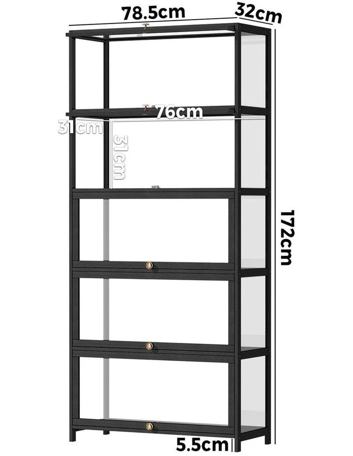 Oikiture Display Cabinet Storage 5-Tier Shelves Clear Bookcase Stand Rack Black image 3