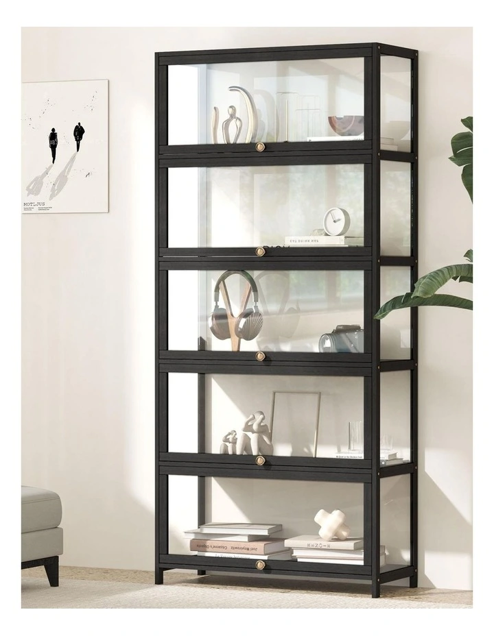 Oikiture Display Cabinet Storage 5-Tier Shelves Clear Bookcase Stand Rack Black image 4