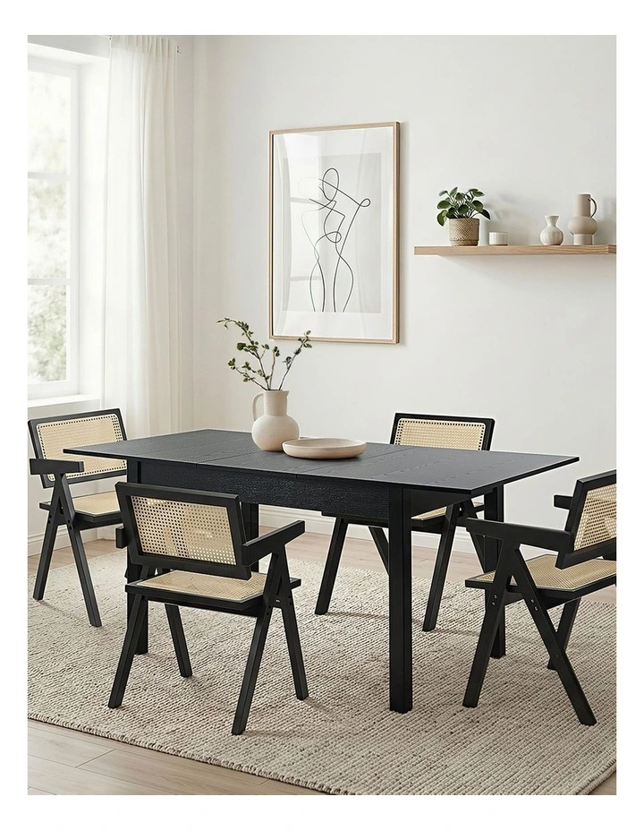 Oikiture 5pc Extenable Dining Table and Chairs Wooden Dining Set Ratten Black image 2
