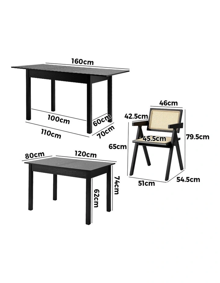 Oikiture 5pc Extenable Dining Table and Chairs Wooden Dining Set Ratten Black image 3