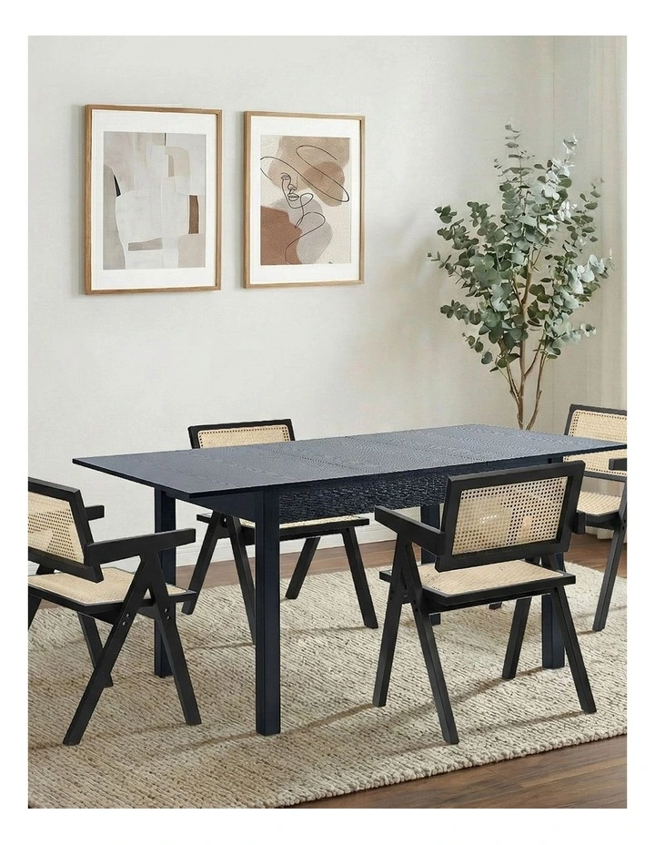 Oikiture 5pc Extenable Dining Table and Chairs Wooden Dining Set Ratten Black image 4