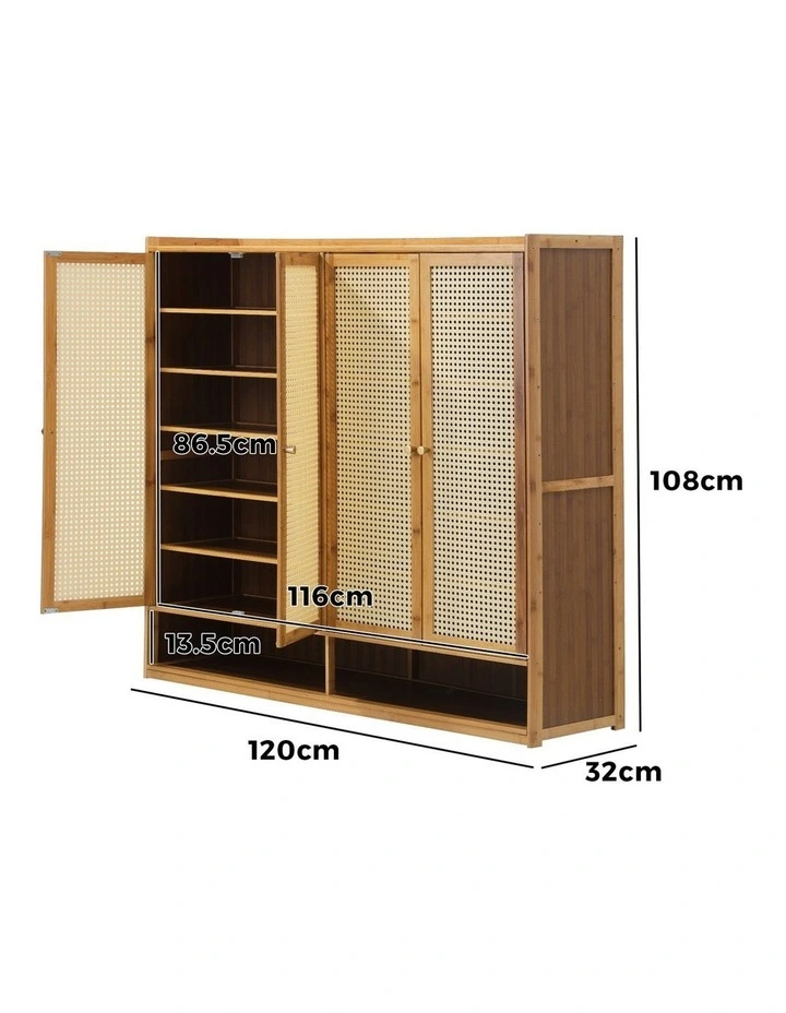 Oikiture Shoe Storage Cabinet Shoes Rack Organiser Shelf 4 Doors Rattan Natural image 3