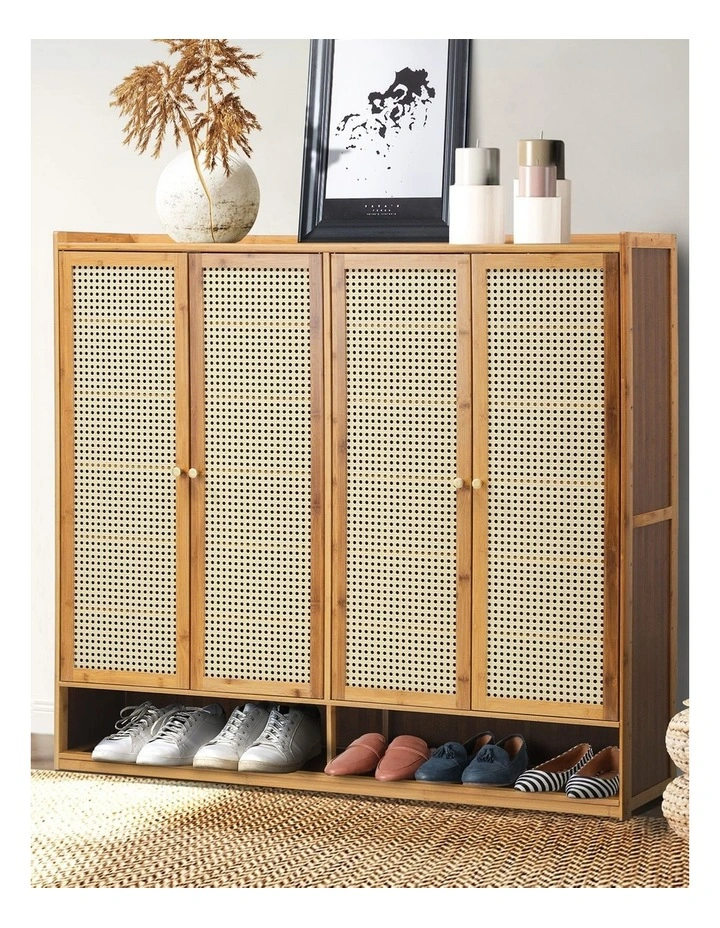 Oikiture Shoe Storage Cabinet Shoes Rack Organiser Shelf 4 Doors Rattan Natural image 4