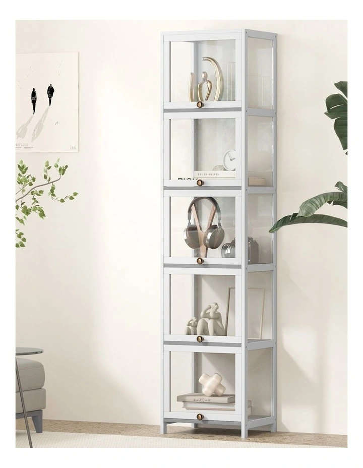 Oikiture Display Cabinet Slim Storage 5-Tier Shelves Clear Bookcase Rack White image 4
