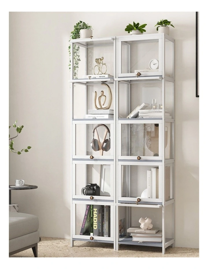 Oikiture Display Cabinet Slim Storage 5-Tier Shelves Clear Bookcase Rack White image 5