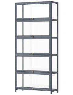 Oikiture Display Cabinet Storage 5-Tier Shelves Clear Bookcase Stand Rack Grey