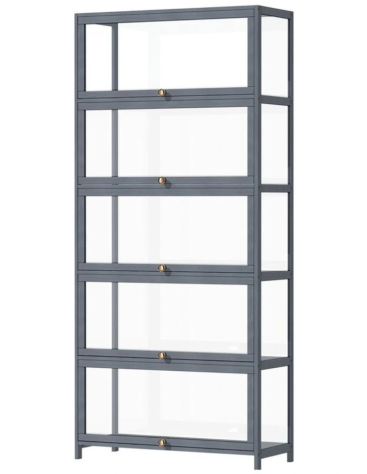Oikiture Display Cabinet Storage 5-Tier Shelves Clear Bookcase Stand Rack Grey image 1