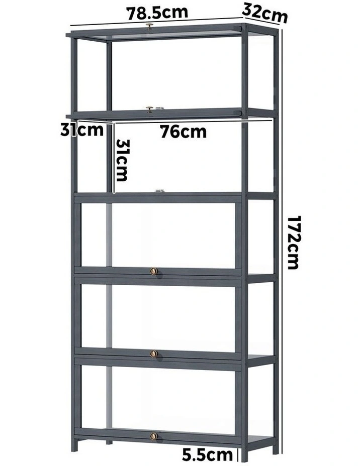 Oikiture Display Cabinet Storage 5-Tier Shelves Clear Bookcase Stand Rack Grey image 3