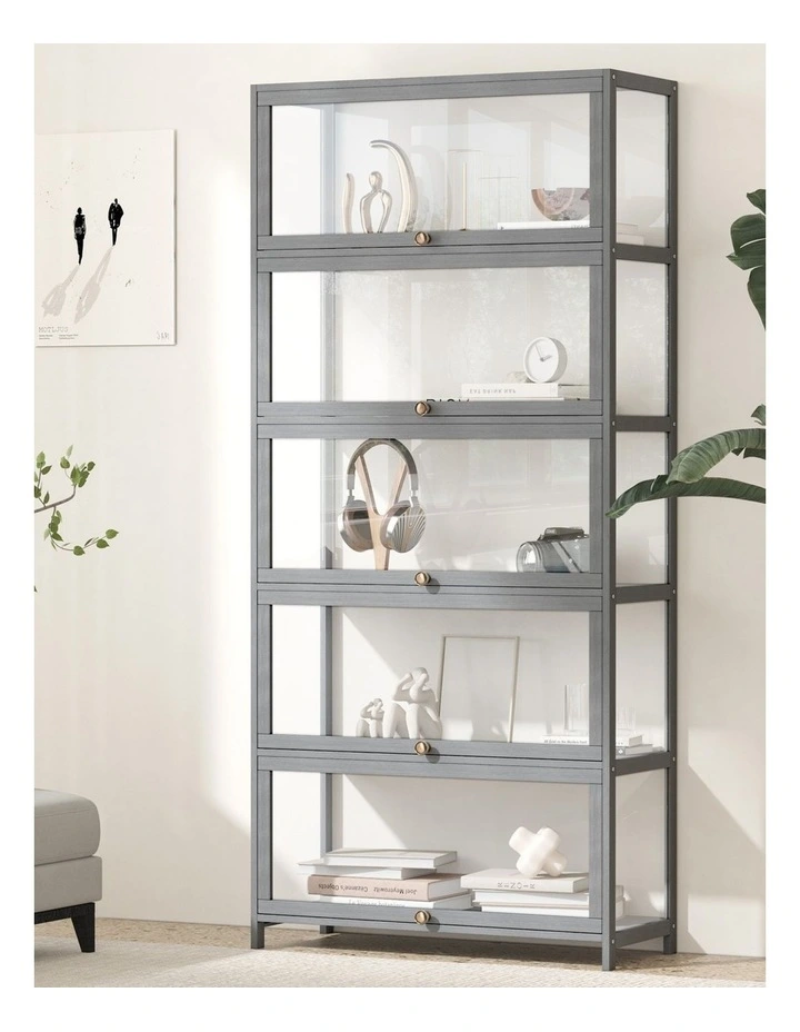 Oikiture Display Cabinet Storage 5-Tier Shelves Clear Bookcase Stand Rack Grey image 4
