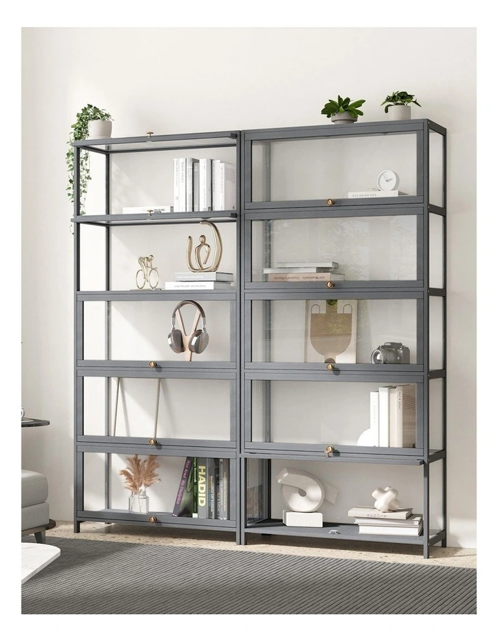 Oikiture Display Cabinet Storage 5-Tier Shelves Clear Bookcase Stand Rack Grey image 5