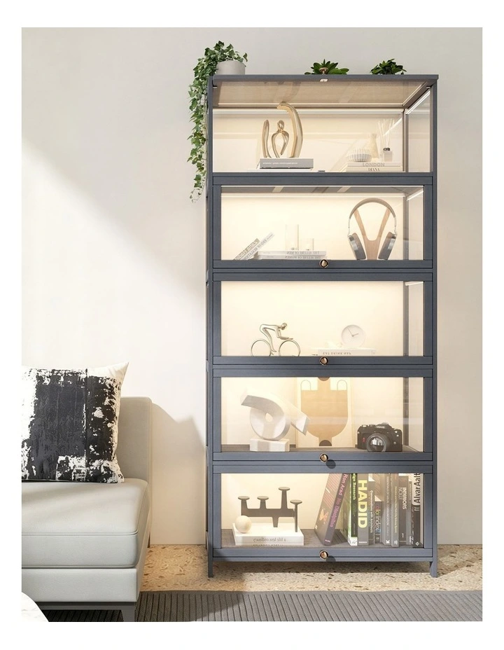 Oikiture Display Cabinet Storage 5-Tier Shelves Clear Bookcase Stand Rack Grey image 7