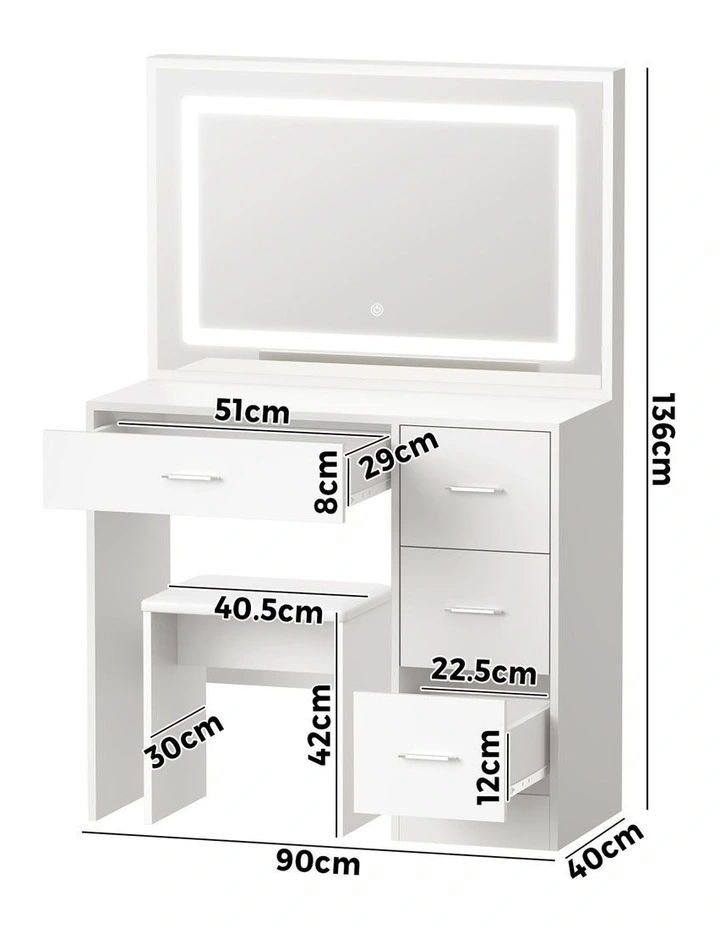 Oikiture Dressing Table Stool Set Large Makeup Mirror LED Light Vanity White image 3