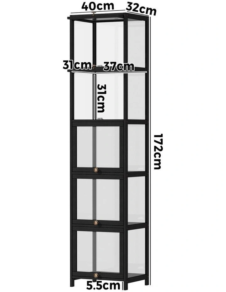 Oikiture Display Cabinet Slim Storage 5-Tier Shelves Clear Bookcase Rack Black image 3