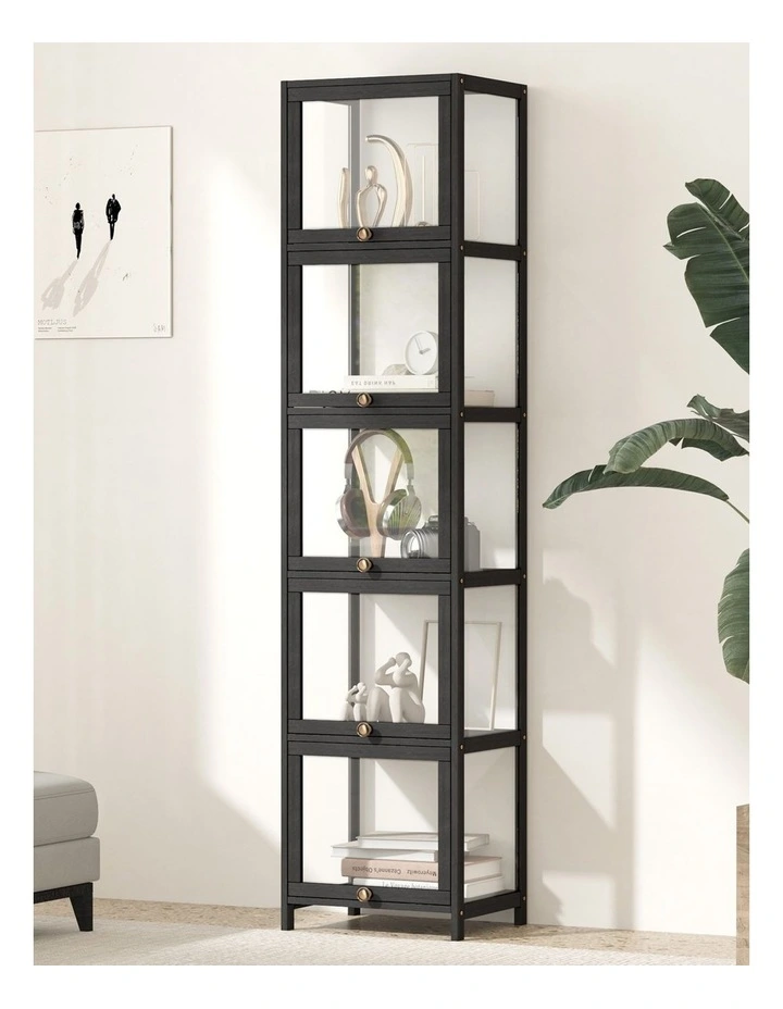 Oikiture Display Cabinet Slim Storage 5-Tier Shelves Clear Bookcase Rack Black image 4