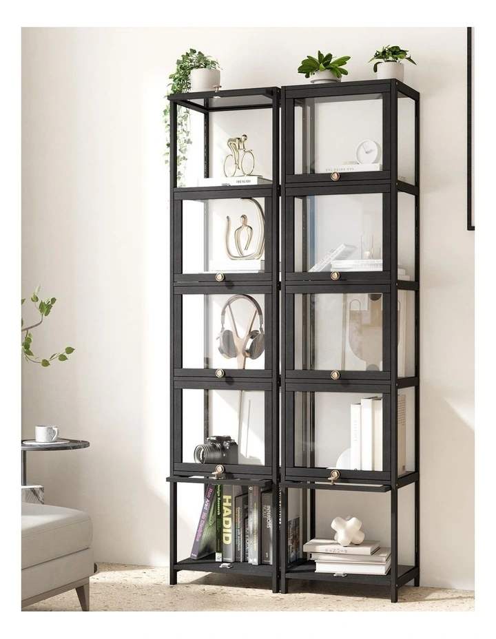 Oikiture Display Cabinet Slim Storage 5-Tier Shelves Clear Bookcase Rack Black image 5
