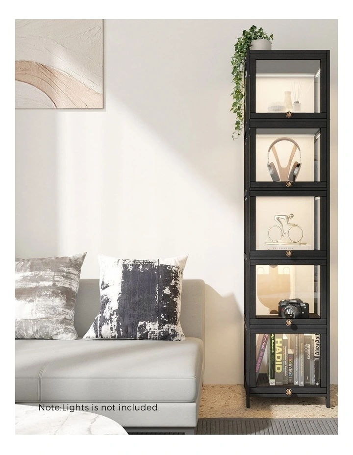 Oikiture Display Cabinet Slim Storage 5-Tier Shelves Clear Bookcase Rack Black image 7