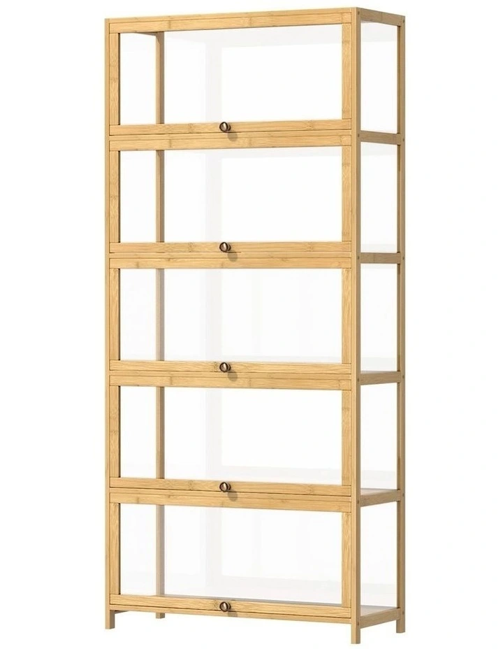 Oikiture Display Cabinet Storage 5-Tier Shelves Clear Bookcase Stand Rack Oak image 1
