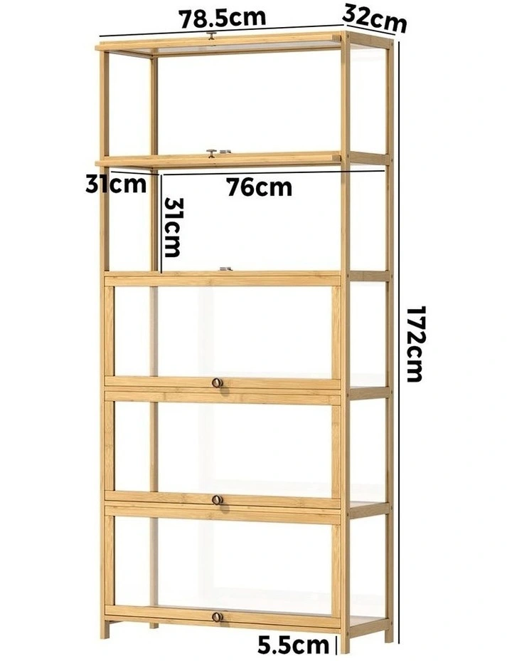 Oikiture Display Cabinet Storage 5-Tier Shelves Clear Bookcase Stand Rack Oak image 3