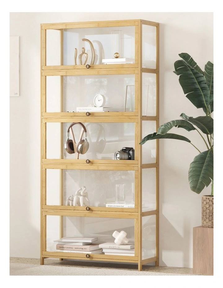 Oikiture Display Cabinet Storage 5-Tier Shelves Clear Bookcase Stand Rack Oak image 4