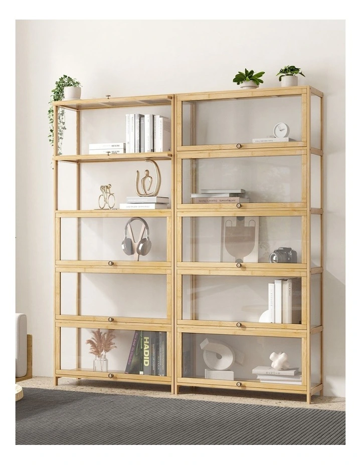 Oikiture Display Cabinet Storage 5-Tier Shelves Clear Bookcase Stand Rack Oak image 5