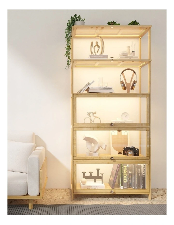 Oikiture Display Cabinet Storage 5-Tier Shelves Clear Bookcase Stand Rack Oak image 7