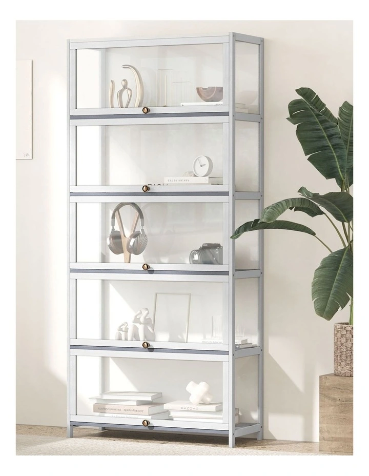 Oikiture Display Cabinet Storage 5-Tier Shelves Clear Bookcase Stand Rack White image 4