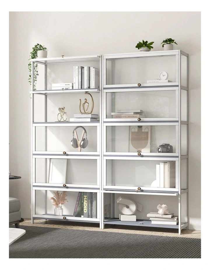 Oikiture Display Cabinet Storage 5-Tier Shelves Clear Bookcase Stand Rack White image 5