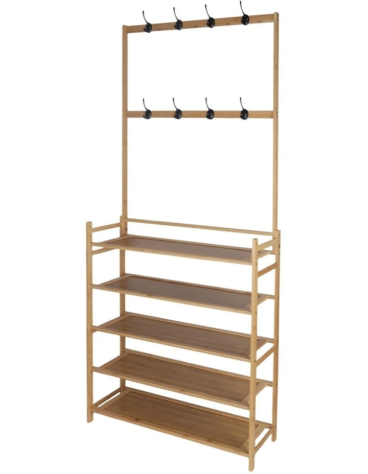 Milano Decor Bamboo Shoe Rack with Coat Hooks, 4 Tiers, Slim Hallway Storage image 1