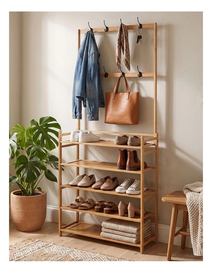 Milano Decor Bamboo Shoe Rack with Coat Hooks, 4 Tiers, Slim Hallway Storage image 2