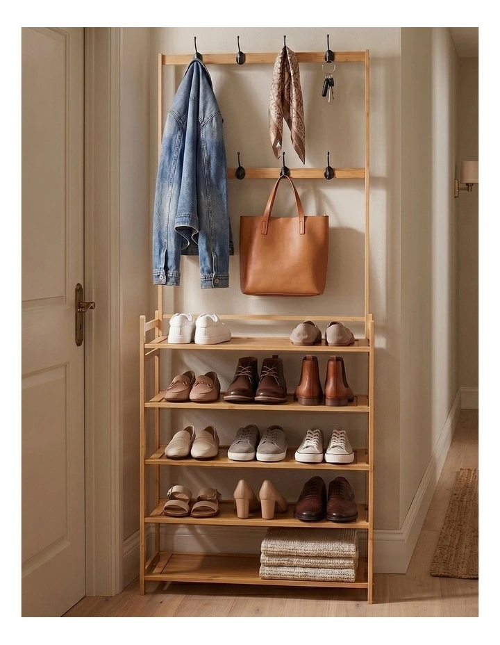Milano Decor Bamboo Shoe Rack with Coat Hooks, 4 Tiers, Slim Hallway Storage image 3