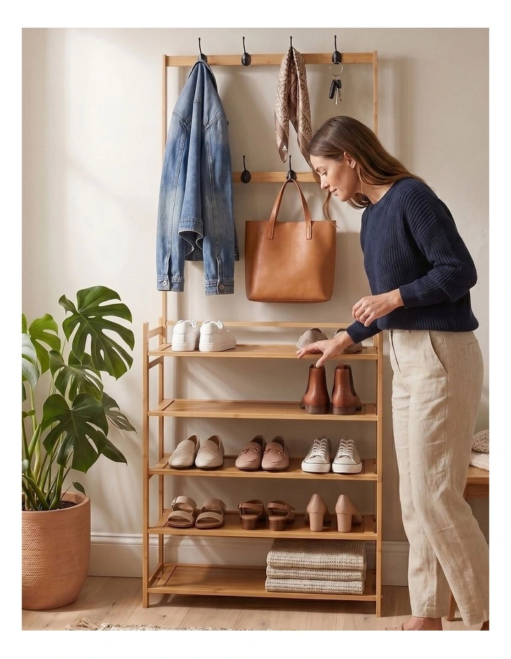 Milano Decor Bamboo Shoe Rack with Coat Hooks, 4 Tiers, Slim Hallway Storage image 4