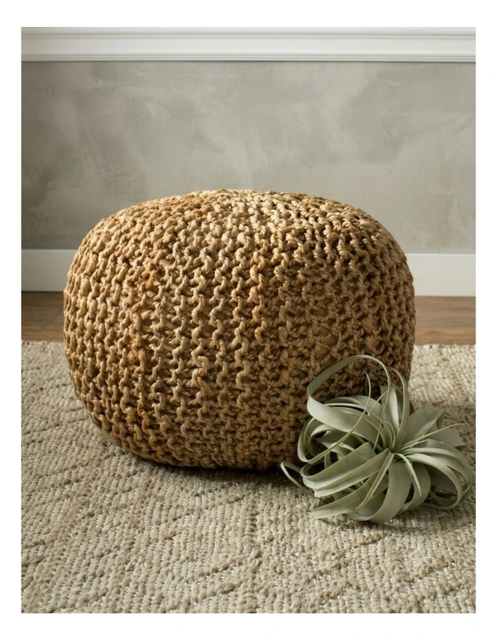 Jute Pouffe Footstool Hand Knitted Braided Ottoman in Natural image 2