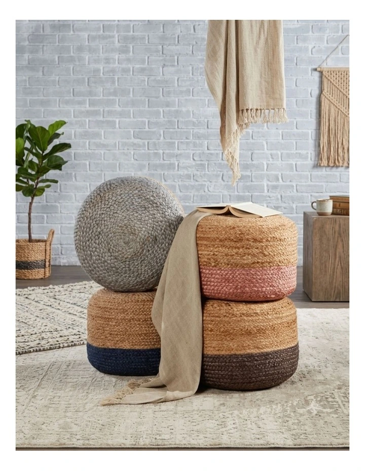 Ombre Hand Braided Jute Cotton Pouf Ottoman in Olive image 2