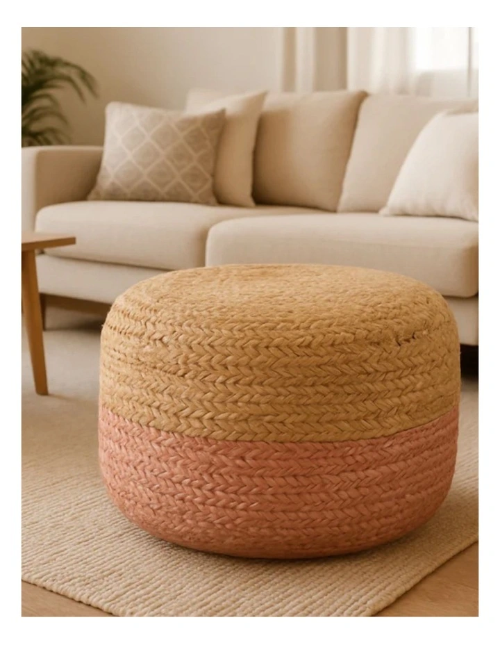 Ombre Hand Braided Jute Cotton Pouf Ottoman in Pink image 2