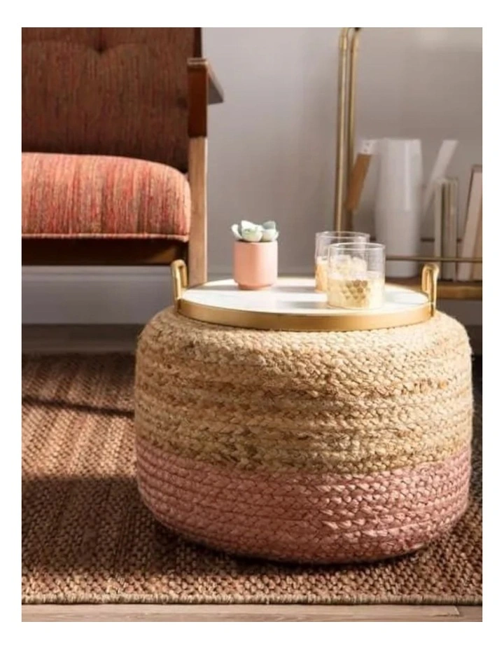Ombre Hand Braided Jute Cotton Pouf Ottoman in Pink image 3