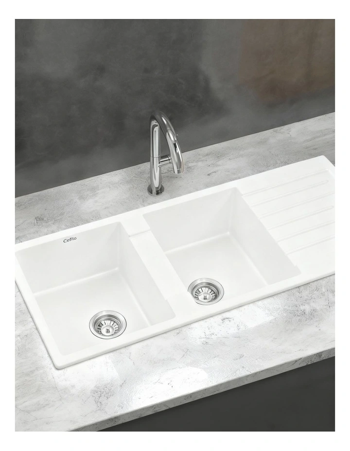 Granite Stone Double Kitchen Sink Bowl 116x50cm in White image 3