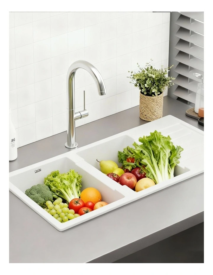 Granite Stone Double Kitchen Sink Bowl 116x50cm in White image 5