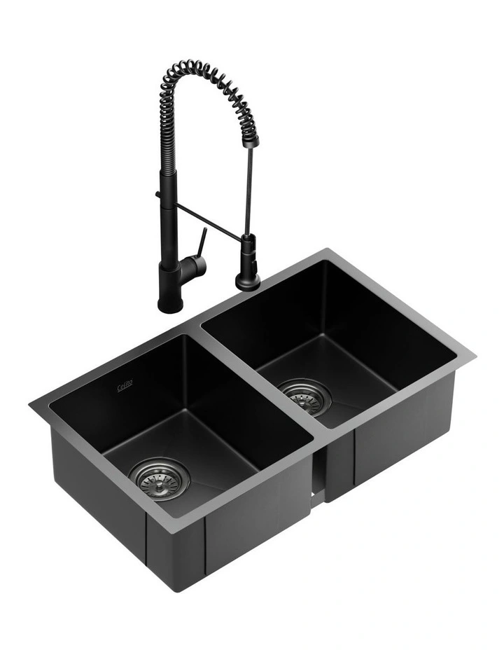 Pull Out Mixer Tap and Double Stainless Steel Kitchen Sink 77x45cm in Black image 1