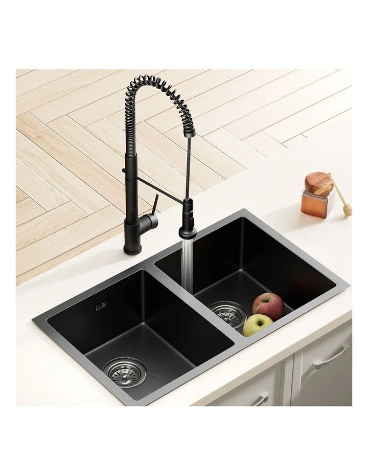 Pull Out Mixer Tap and Double Stainless Steel Kitchen Sink 77x45cm in Black image 3