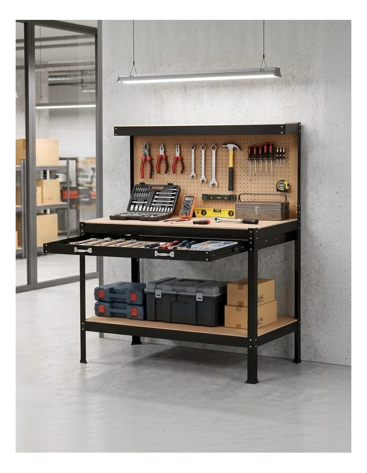 20 Hooks Workbench with Pegboard Ultra-Wide Work Table for Garage 120cm in Black image 3