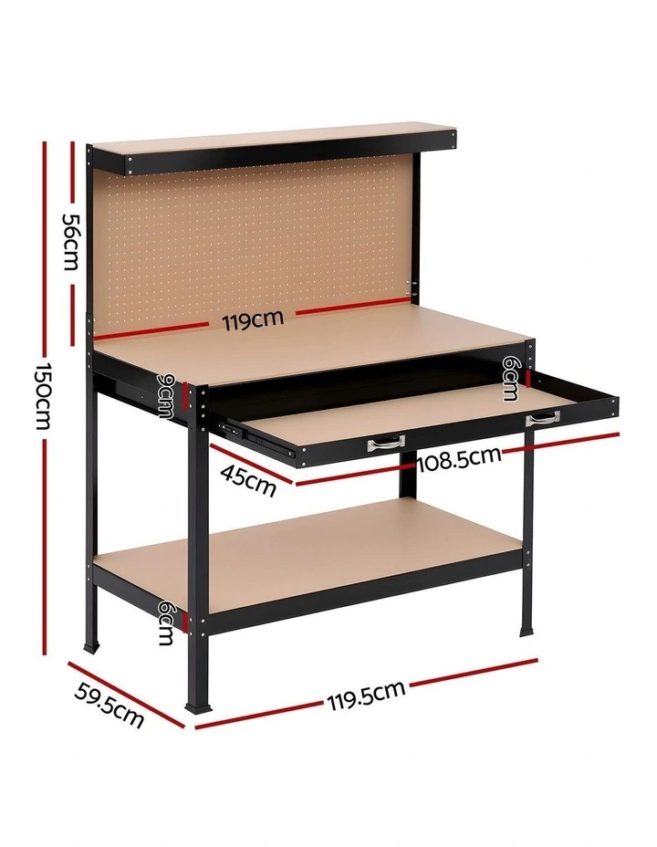 20 Hooks Workbench with Pegboard Ultra-Wide Work Table for Garage 120cm in Black image 4
