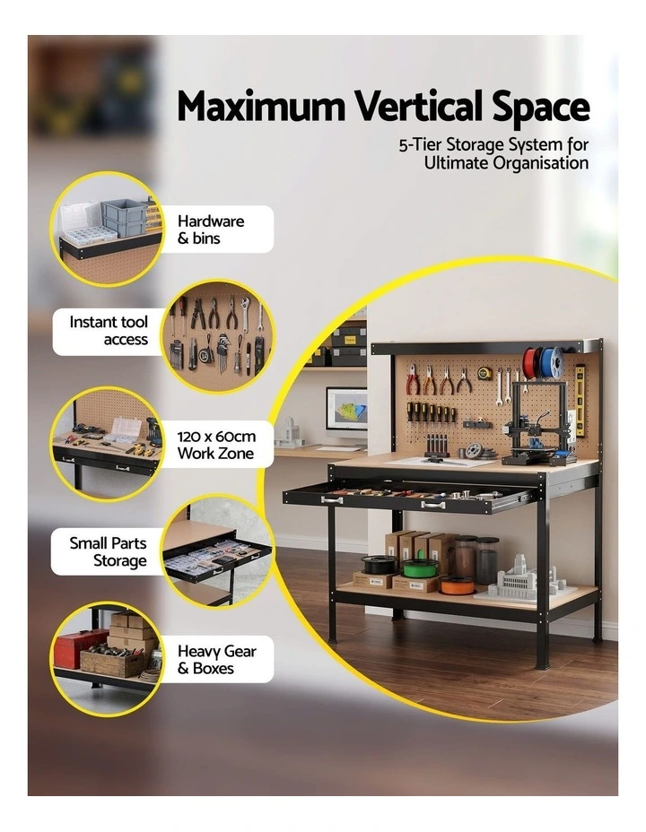 20 Hooks Workbench with Pegboard Ultra-Wide Work Table for Garage 120cm in Black image 5