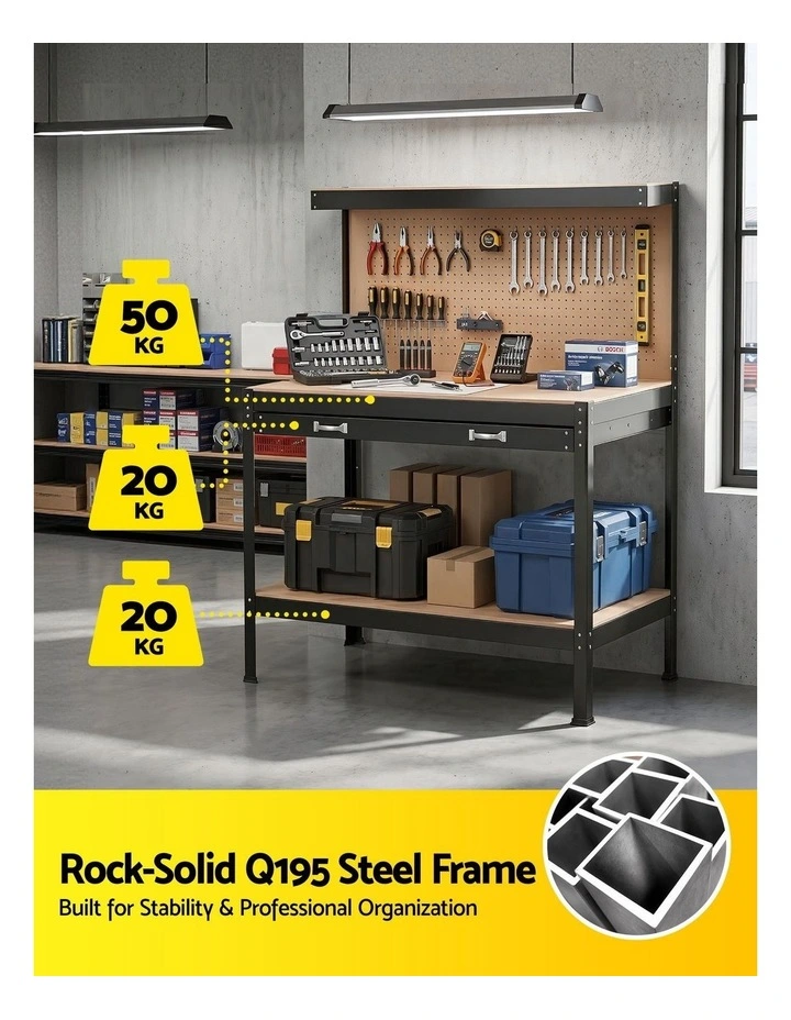 20 Hooks Workbench with Pegboard Ultra-Wide Work Table for Garage 120cm in Black image 6
