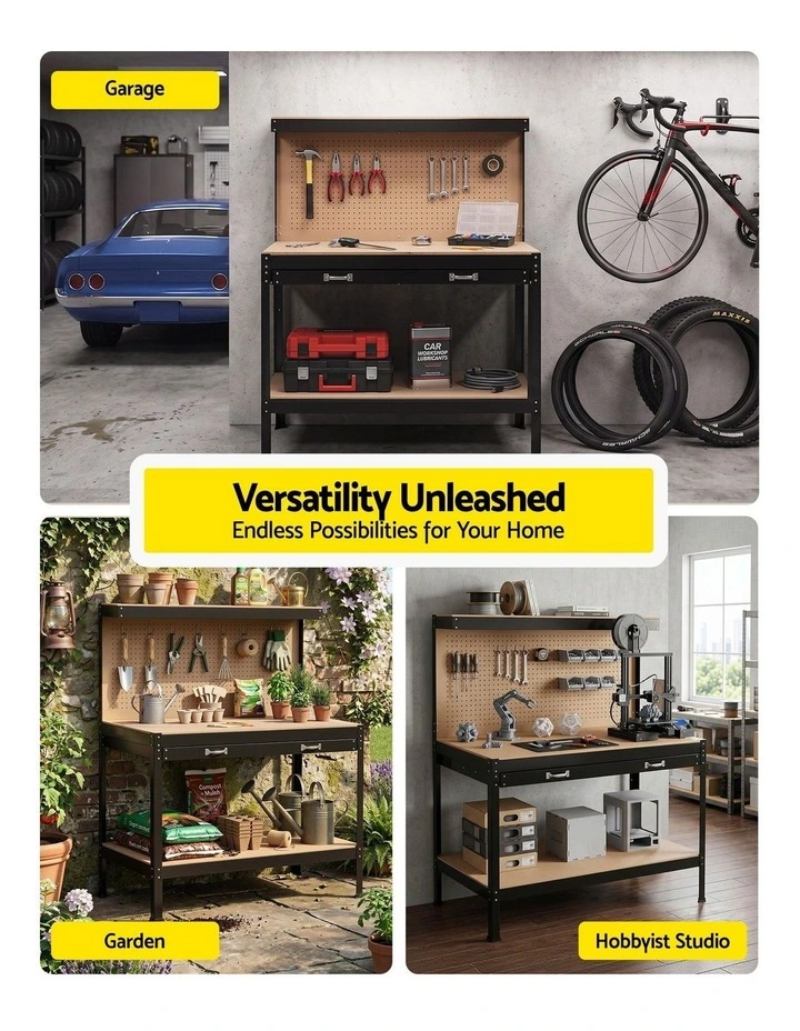 20 Hooks Workbench with Pegboard Ultra-Wide Work Table for Garage 120cm in Black image 7